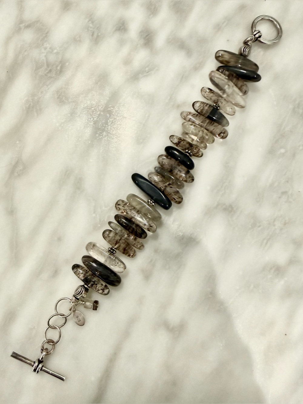 Artisan Quartz Gray Stone Bracelet Sterling Silver 925 7” Boho